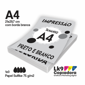 Impressão preto e branco sulfite 75g SULFITE 75G 21X29,7 cm PRETO E BRANCA  Só frente ou frente e verso Jato de tinta ou laser