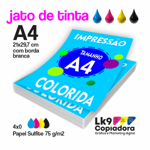 Impressão Colorida sulfite 75g (JATO DE TINTA) SULFITE 75G 21X29,7 cm 4X0, 4X4  Só frente ou frente e verso Jato de tinta