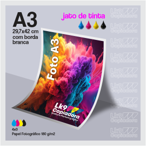 Impressão Foto 180g - A3 Foto 180g 29,7x42 cm 4x0  Só frente Jato de tinta