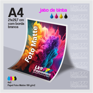 Impressão Foto Matte 108g - A4 Foto Matte 108g 21X29,7 cm 4x0  Só frente Jato de tinta